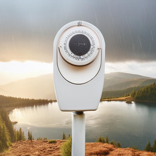 Weather forecast sensor in front of half rain half sunny landscape. 19738